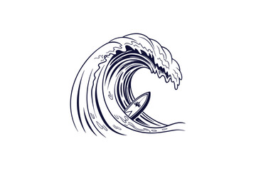 wave curling with a small surfboard silhouette line art vector illustration