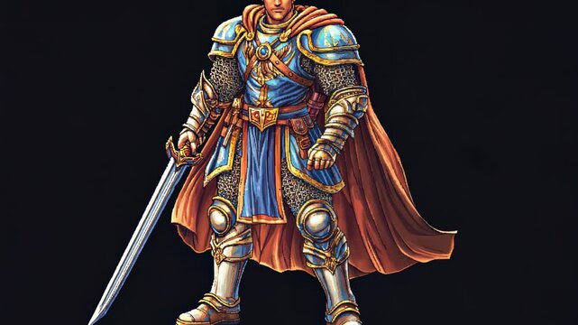 A classic fantasy pixel art hero deisgn with a cape and a sword, isolated on a black bacgkround. Retro game assets.