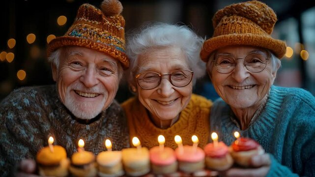 Joyful elderly couple celebrates birthday with cupcakes, candles, and warm smiles