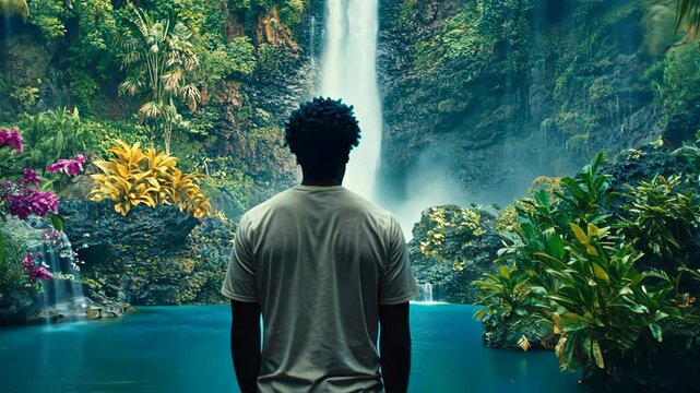 Man observing majestic waterfall surrounded by lush greenery in tropical paradise