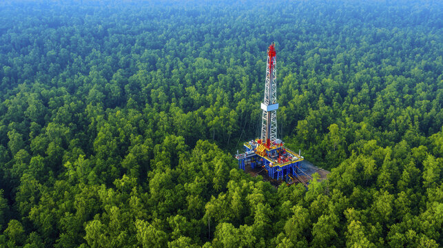 Oil drilling rig surrounded by dense green forest, showcasing industrial activity in nature