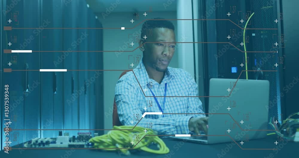 Poster man working on laptop in server room with data processing animation overlay