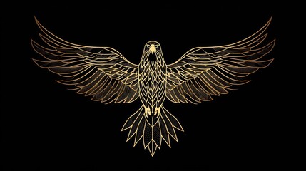 Obraz premium Golden eagle spreading wings, poised, centered on black backdrop. Artistic depiction