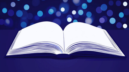 Open book with blank pages on dark blue background with glowing bokeh lights
