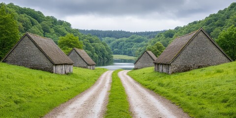 Fototapeta premium Countryside Pathway with Historic Barns and Lake
