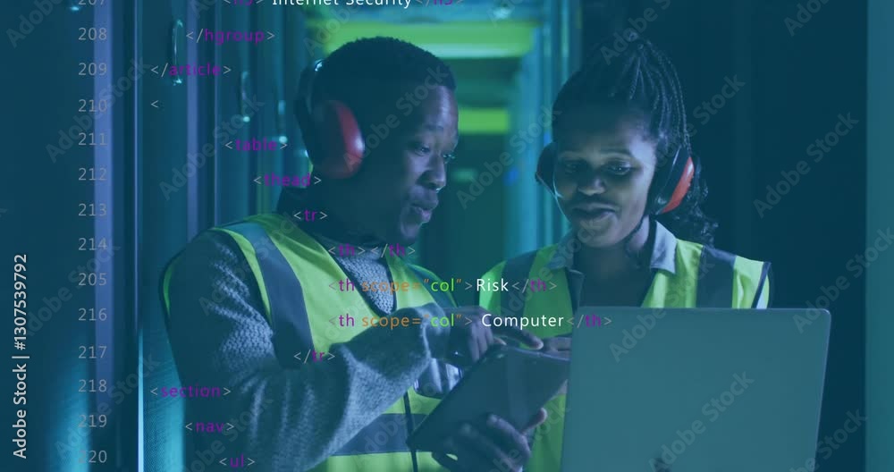 Poster two workers in safety vests analyzing data with code overlay animation