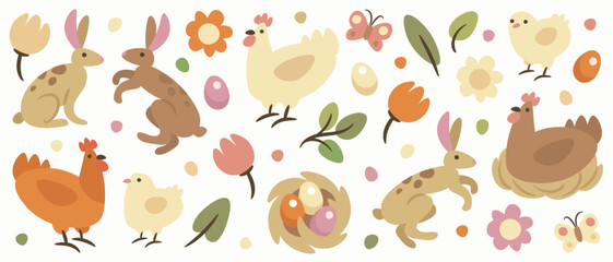 Set of hand drawn cartoon happy easter elements isolated on white background. Vector illustration of easter eggs, easter cake, chiken, hen, bunny, nest, flowers
