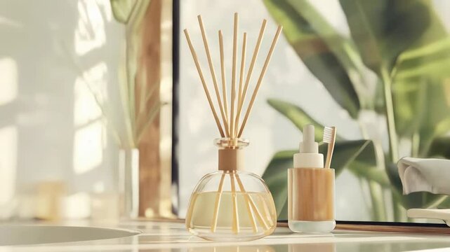 Wooden diffuser sticks, ceramic bathroom accessories complementing minimalist green botanical interior design elements