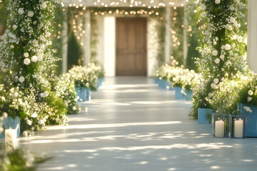 Elegant outdoor wedding aisle with white flowers, lanterns, and wooden door leading to ceremony.  Perfect for wedding invitation or website background
