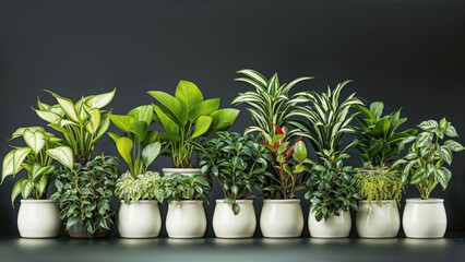 Obraz premium Row of lush indoor plants in ceramic pots against a dark background, perfect for botanical-themed designs and text placement