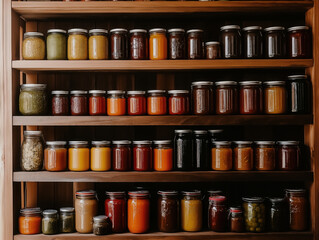 Preserving food in glass jars on wooden shelves: a modern pantry displaying homemade goodness