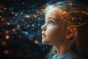 Child Brain Activity look up at digital visualization sphere hologram. Virtual reality connection, kid looking thoughtful, digital kids brain network concept in a futuristic style. Machine learning	