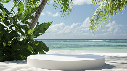 serene tropical beach scene featuring circular platform surrounded by lush greenery and palm leaves, with clear blue ocean in background