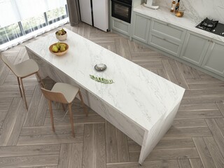 Top view of bright and white Kitchen in New Luxury Home with Kitchen Island and Stainless Steel Appliances, wooden flooring, center island, white cabinets. 3D Rendering. Mockup