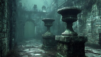 Mysterious Green Alleyway Ancient Stone Urns Moody Atmospheric Lighting. AI Generated
