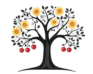 Fototapeta premium Decorative Tree with Apples and Sunflowers