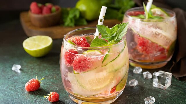 Refreshing raspberry lime mojito with fresh ice garnish and mint leaves