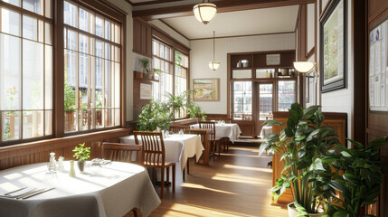 bright and inviting upscale steakhouse interior with wooden decor, large windows, and elegant table settings