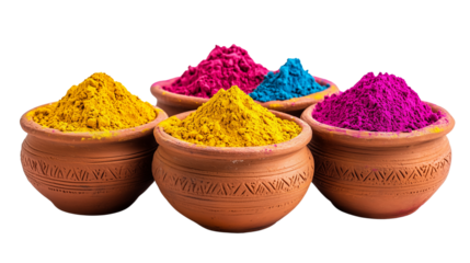 Colorful Holi Powder in Traditional Clay Pots on on Transparent Background