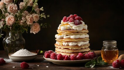 Stacked pancakes topped with whipped cream and raspberries, garnished with fresh mint and honey, on a rustic wooden table, alongside flowers and flour.