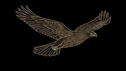 Obraz premium Golden eagle illustration, wings spread, flying diagonally across a black background