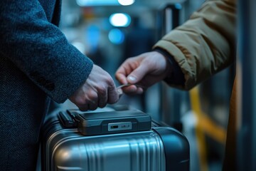 Obraz premium Close-Up of Hands Checking a Silver Suitcase at an Airport Checkpoint