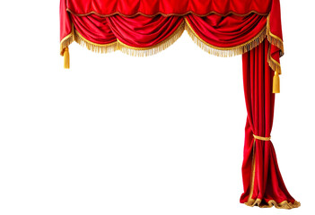 an opulent and luxurious red velvet stage curtain with intricate golden tassels, ornate fringes, and elegant drapery