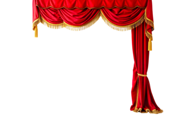an opulent and luxurious red velvet stage curtain with intricate golden tassels, ornate fringes, and elegant drapery