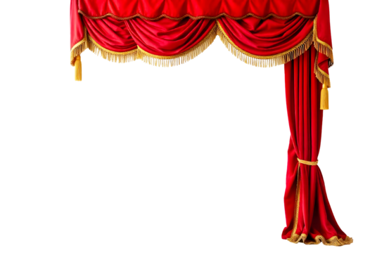 an opulent and luxurious red velvet stage curtain with intricate golden tassels, ornate fringes, and elegant drapery