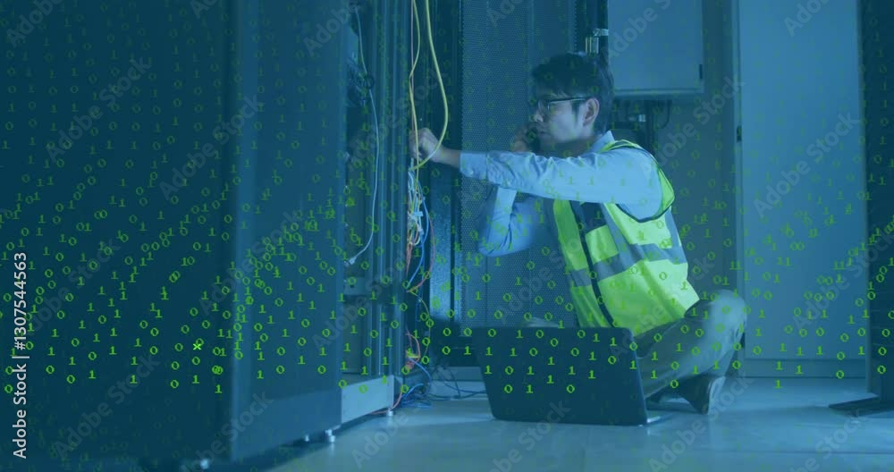 Poster Working on server, technician surrounded by binary code animation in data center
