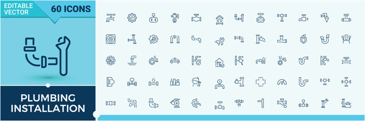 Plumbing modern icon. Featuring tap, toilet, plumbing installation, toolbox, bath, valve, plumb, water, service. Thin UI icon design. Editable stroke. Vector illustration.