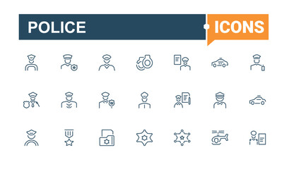 Police icon set. It contains symbols to policeman, emergency, safety, bullet, guard, enforcement. Collection for mobile and web apps. Minimalist editable vector stroke.