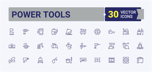 Set of Power Tools line icons. Contains such icons as angle, equipment, chaser, hacksaw, jackhammer, industry and more. Thin icon design. Minimalist editable vector stroke.