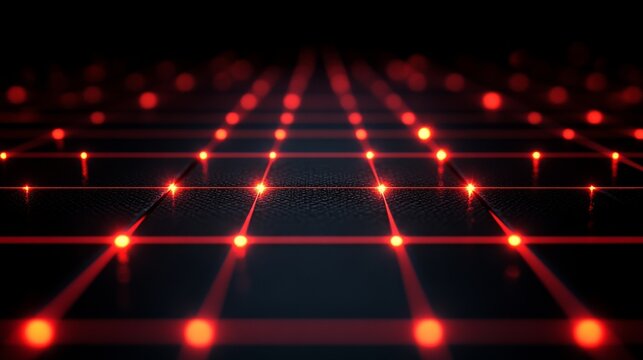 Bright red light and laser grid on a dark surface