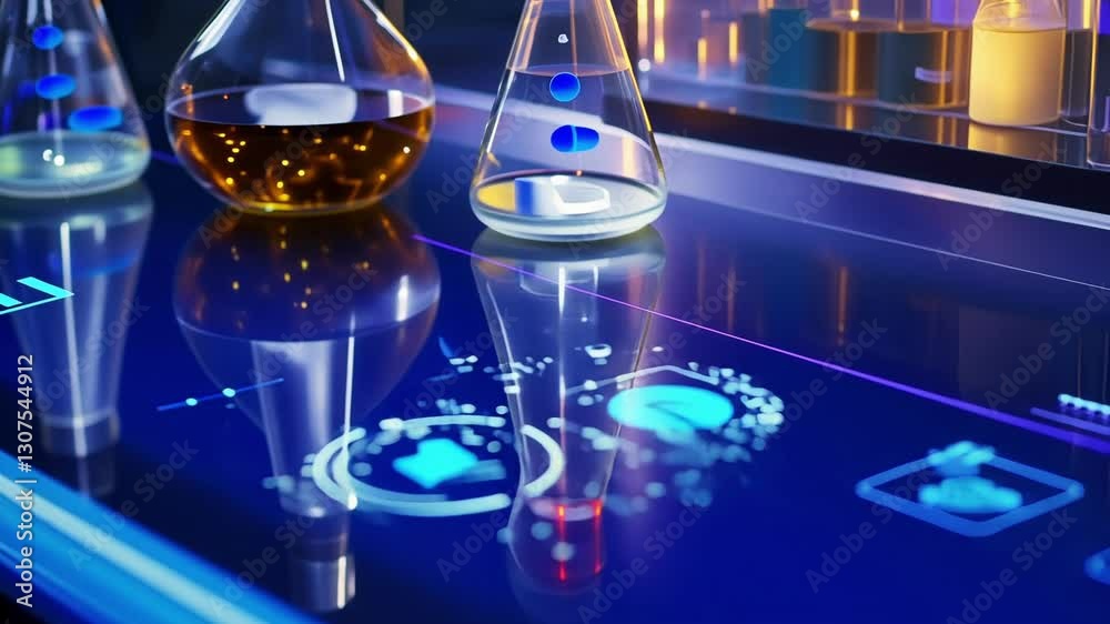 Poster high tech laboratory features an interactive touchscreen displaying scientific data. glass flasks wi