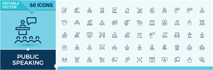 Public Speaking icons set in linear style. Contain linear outline icons group, conference, public, men, presentation, people, web, training. Web icons. Editable vector stroke.
