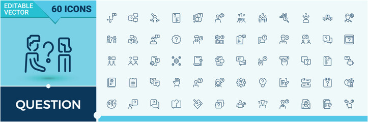 Set of Question line icons. It contains symbols to mark, question, hand, ui, discussion, know, problem. Simple line vector. Editable stroke icon collections.