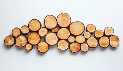 Stacked wood slices arranged artfully on a white background.