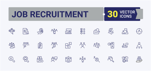 Job Recruitment icon set. Contain linear outline icons hiring, manager, resource, partnership, people, recruit and more. Sign and Symbol. Minimalist editable vector stroke.
