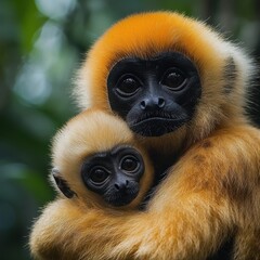 Fototapeta premium Close-Up of a Mother Yellow-Cheeked Gibbon Monkey with Her Child