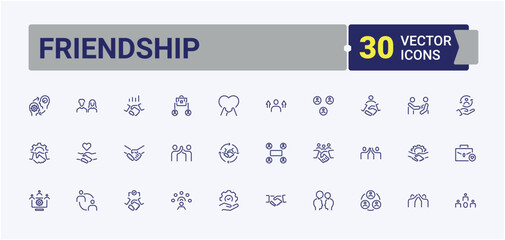 Friendship line icons set. Includes thin line work, friend, social, politic, relationship, team, partnership and more. Expanded stroke. Editable vector art.