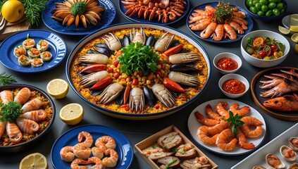A Lavish Seafood Feast: Paella and an Array of Delectable Dishes