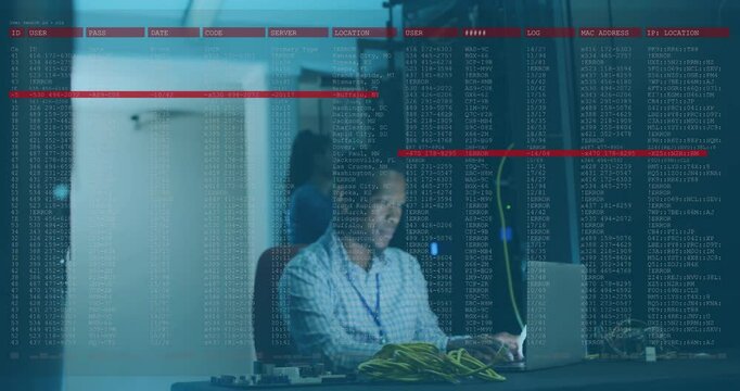 In office, man working on laptop with animation of digital data and code