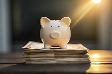 An empty piggy bank resting on a stack of bills, with a light beam illuminating it, representing the need for an emergency fund.