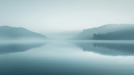 Fototapeta premium Calm lake scene with mountains shrouded in morning mist