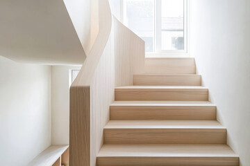 Obraz premium Elegant wooden staircase design in bright modern interior space with natural light