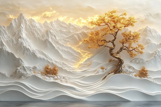 3D mural wallpaper shows white, gold waves, gold tree. Design embossed creating relief effect. Abstract art decorates wall background. Modern design for home . 32k Resolution 