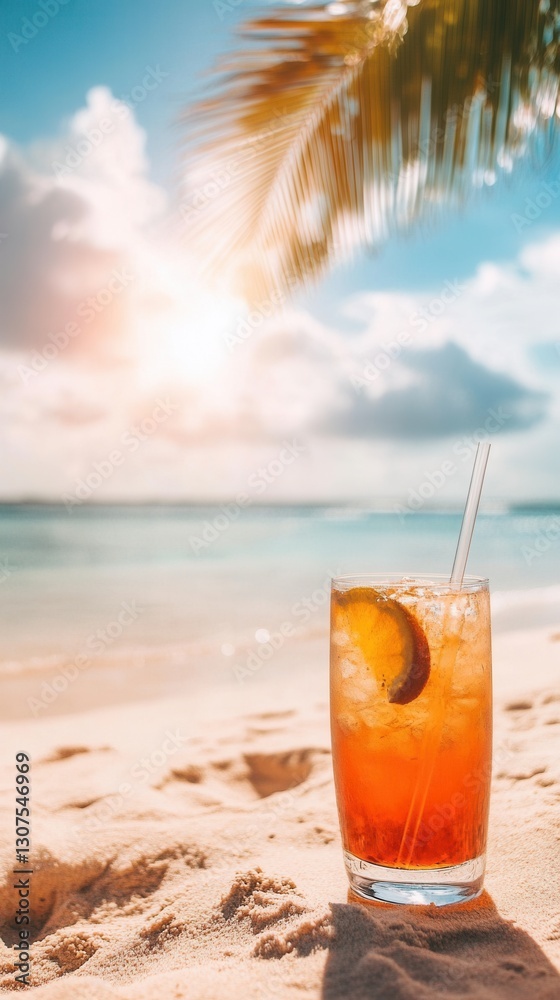 Poster refreshing tropical drink on sandy beach under bright sun with palm tree in the background generativ