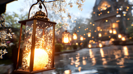 Enchanting garden lantern lights illuminate a romantic evening by a pond, reflecting twinkling lights against a majestic manor house. Perfect for romance, fairytale, or luxury event themes
