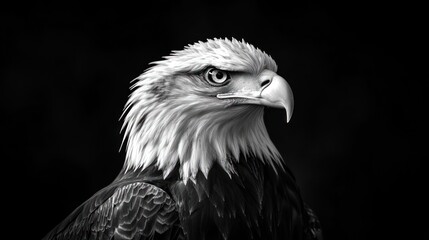 Obraz premium Eagle portrait. Bird looks left. Black background. Majestic, powerful, striking, impressive